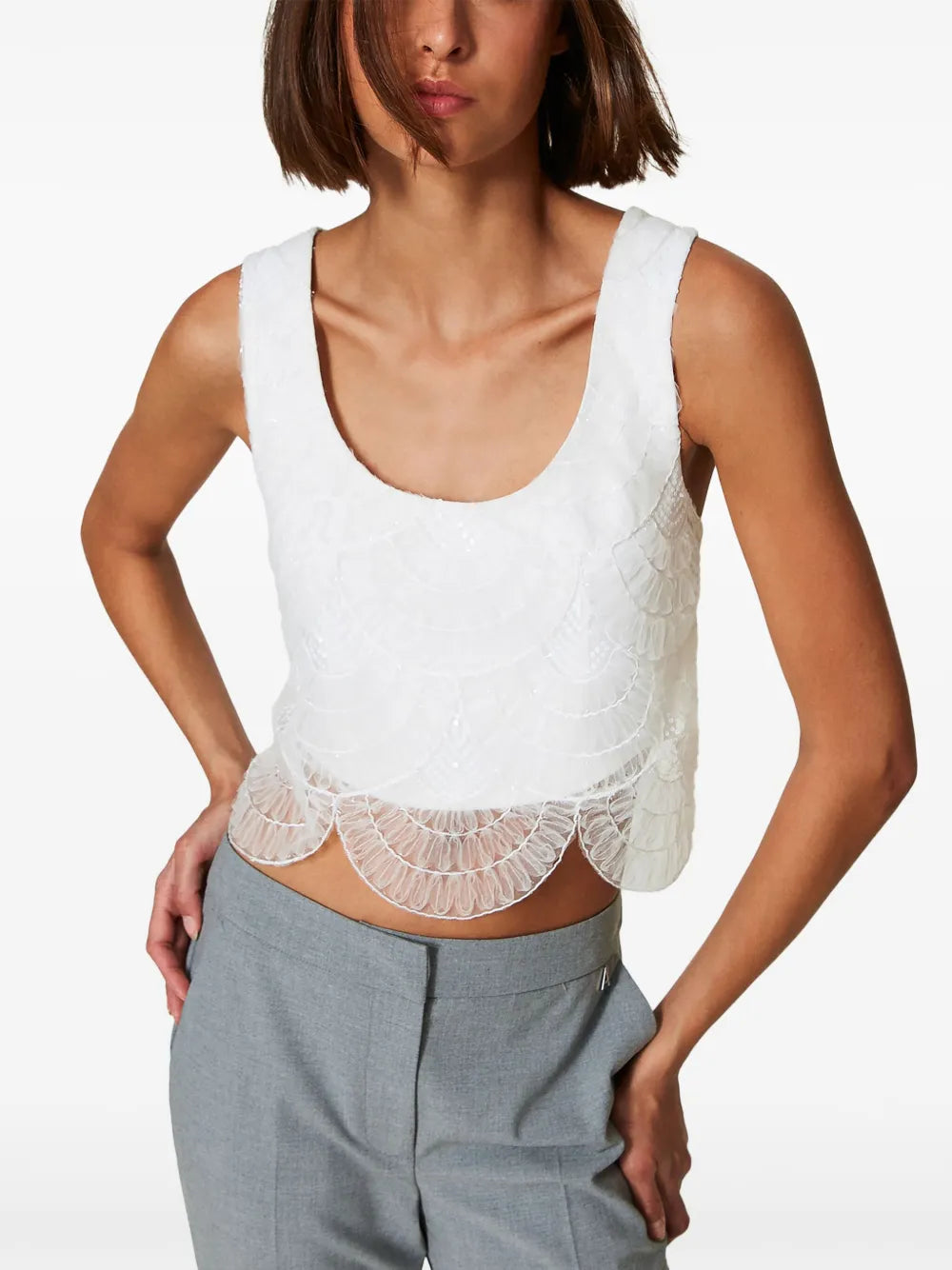 Organza-Overlay Crepe Top