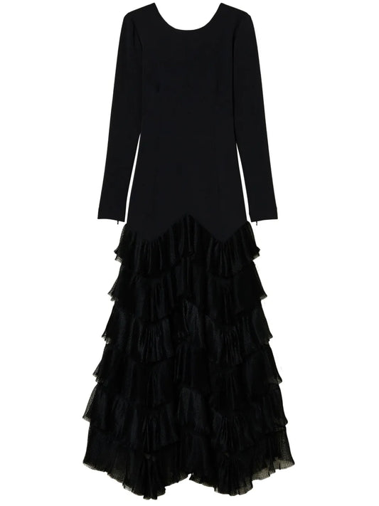 Pleated Tulle Flounces Maxi Dress