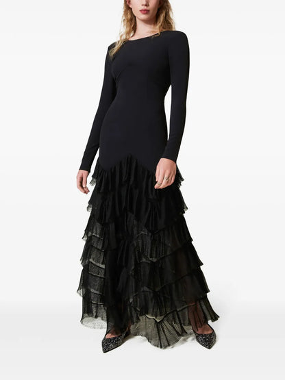 Pleated Tulle Flounces Maxi Dress