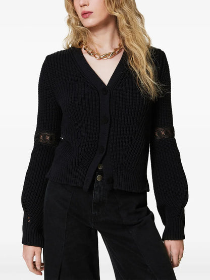 Lace-Panel Knitted Cardigan