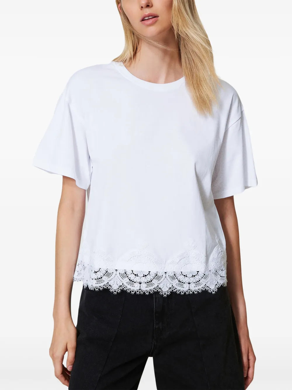 Macramé-Trimmed Cropped T-Shirt