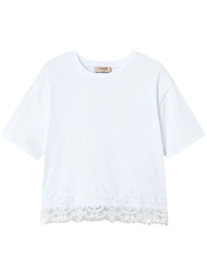 Macramé-Trimmed Cropped T-Shirt