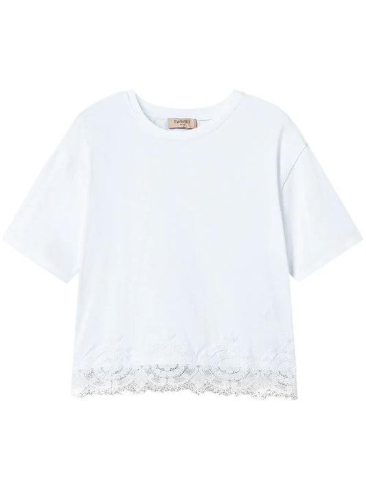 Macramé-Trimmed Cropped T-Shirt