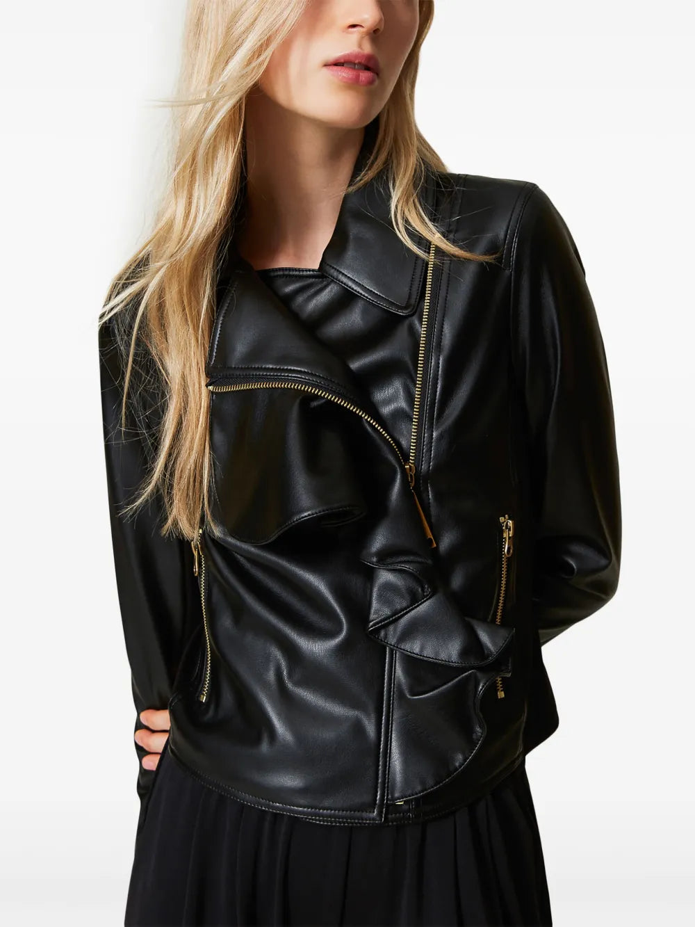 Ruffled Faux-Leather Biker Jacket