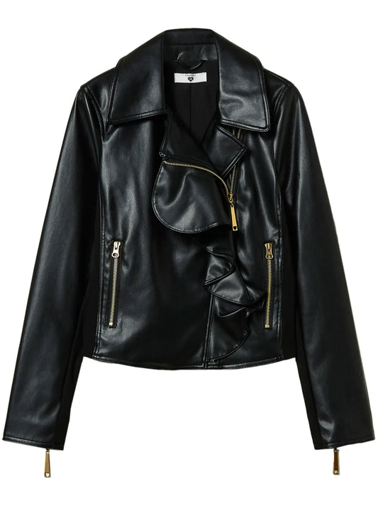 Ruffled Faux-Leather Biker Jacket