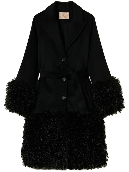 Faux Fur Trim Belted Coat