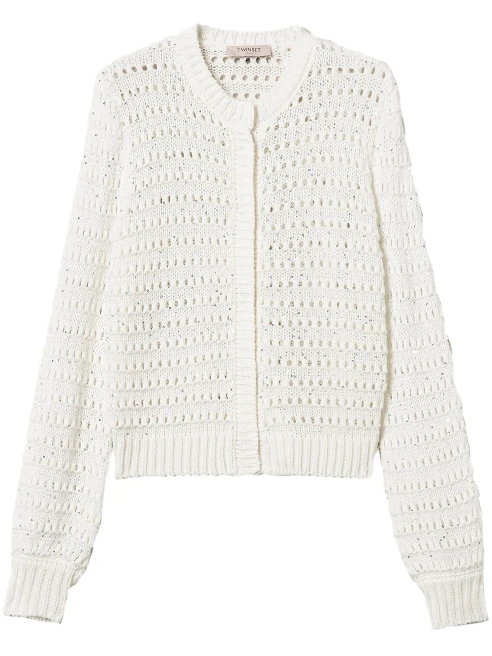 Sequin-Embellished Open-Knit Cardigan