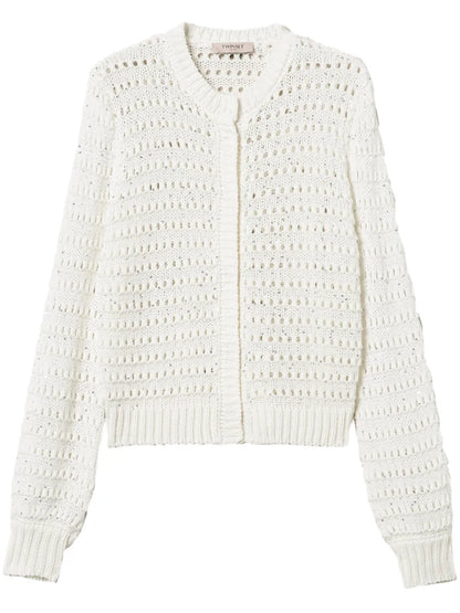 Sequin-Embellished Open-Knit Cardigan