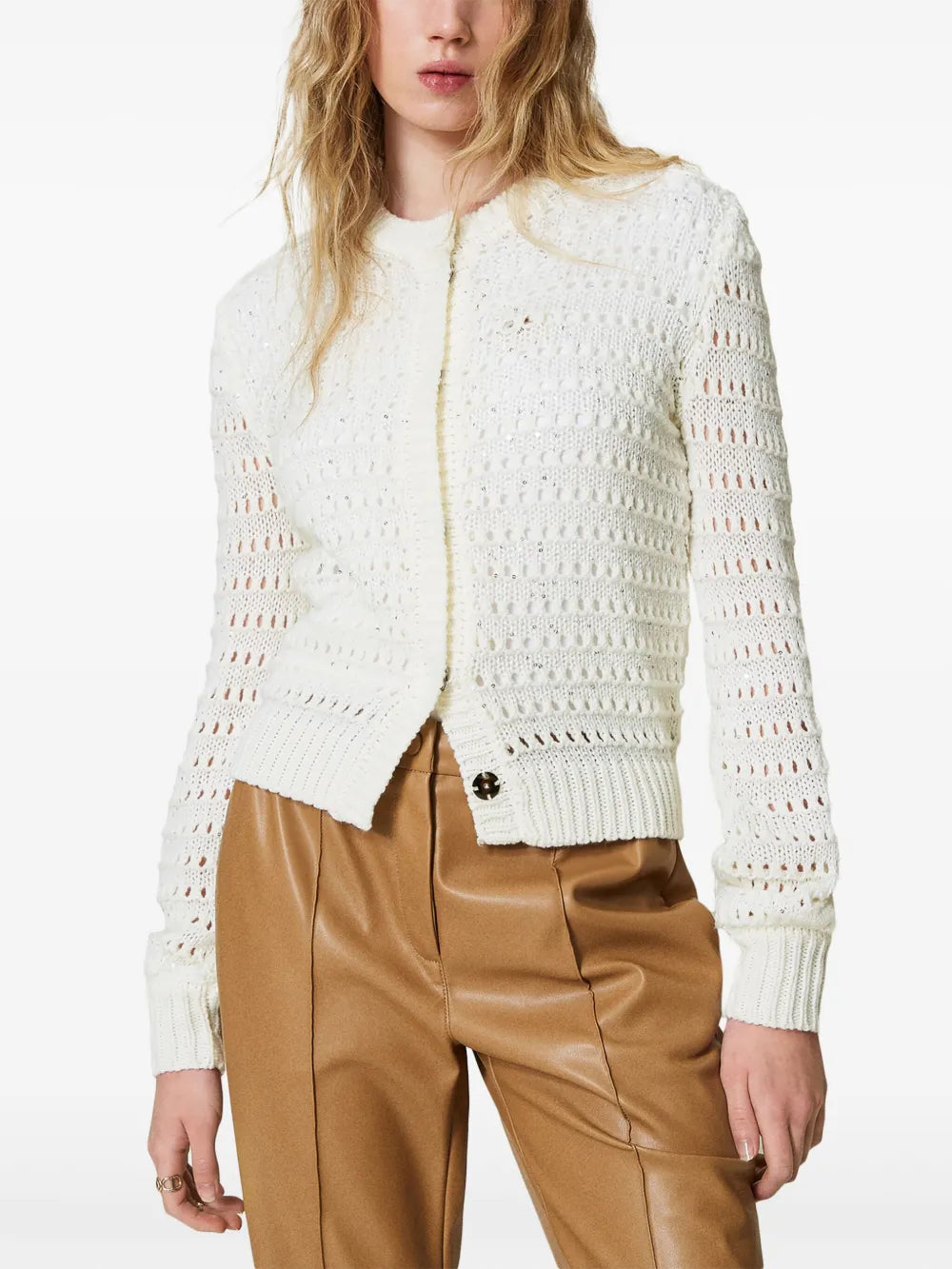 Sequin-Embellished Open-Knit Cardigan