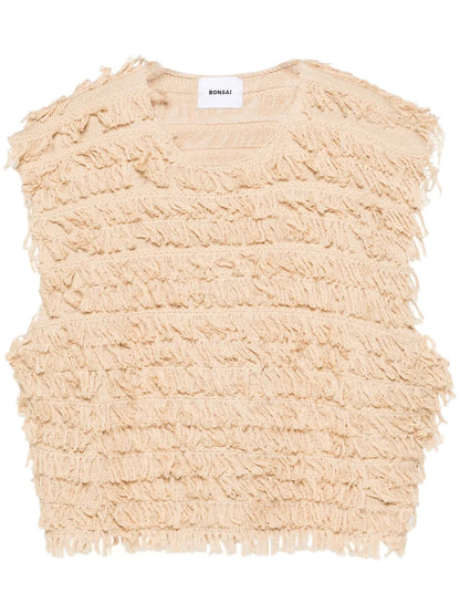 Raffia-Fringed Knit Tank Top