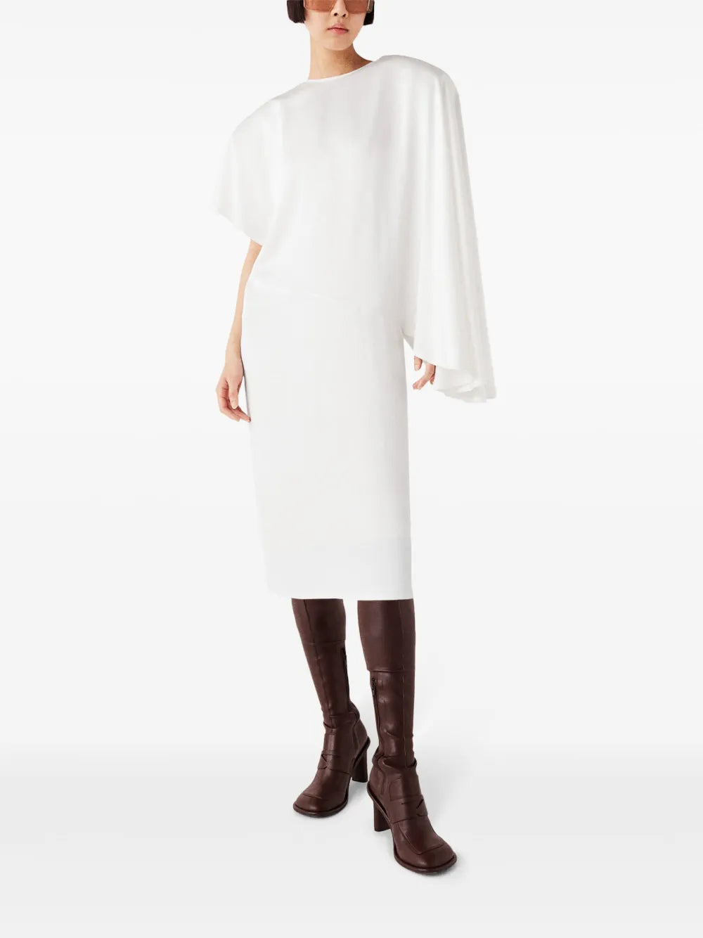 Padded-Shoulder Asymmetric Midi Dress