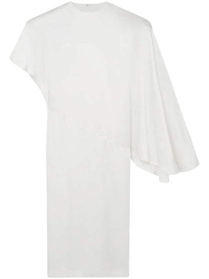 Padded-Shoulder Asymmetric Midi Dress