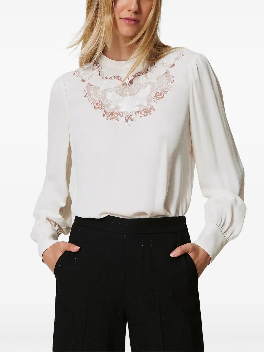 Floral-Embroidered Crepe Blouse