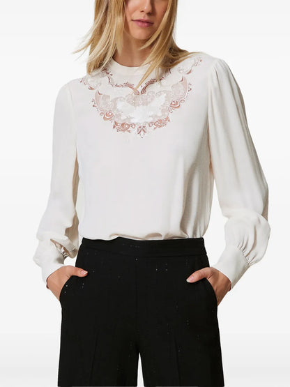 Floral-Embroidered Crepe Blouse