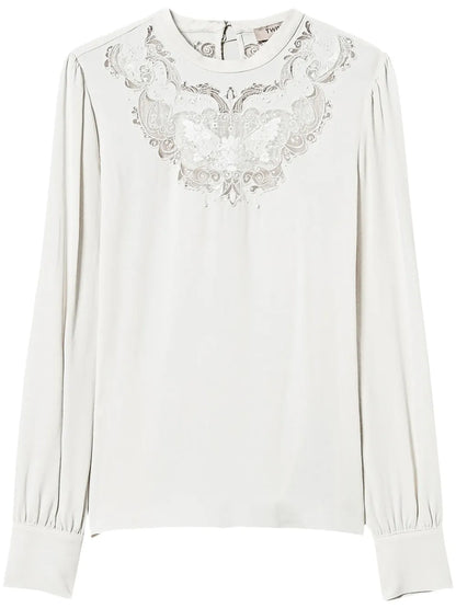 Floral-Embroidered Crepe Blouse