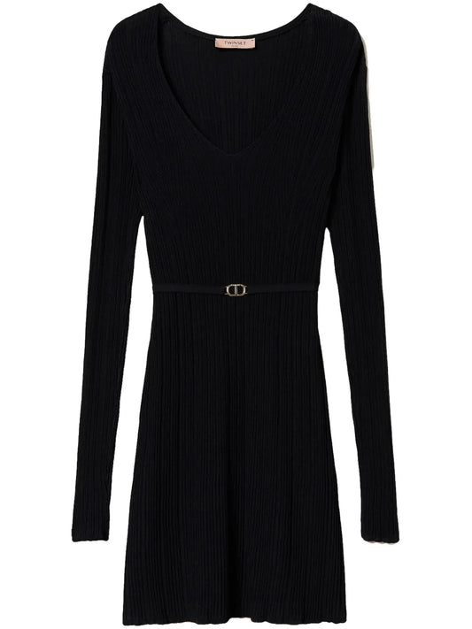 Ribbed-Knit Belted Minidress