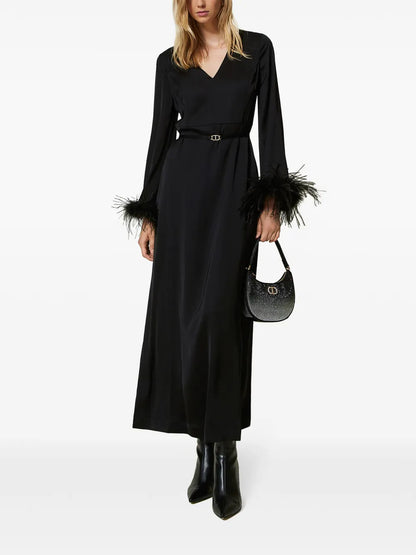 Feather-Detail Satin-Finish Maxi Dress
