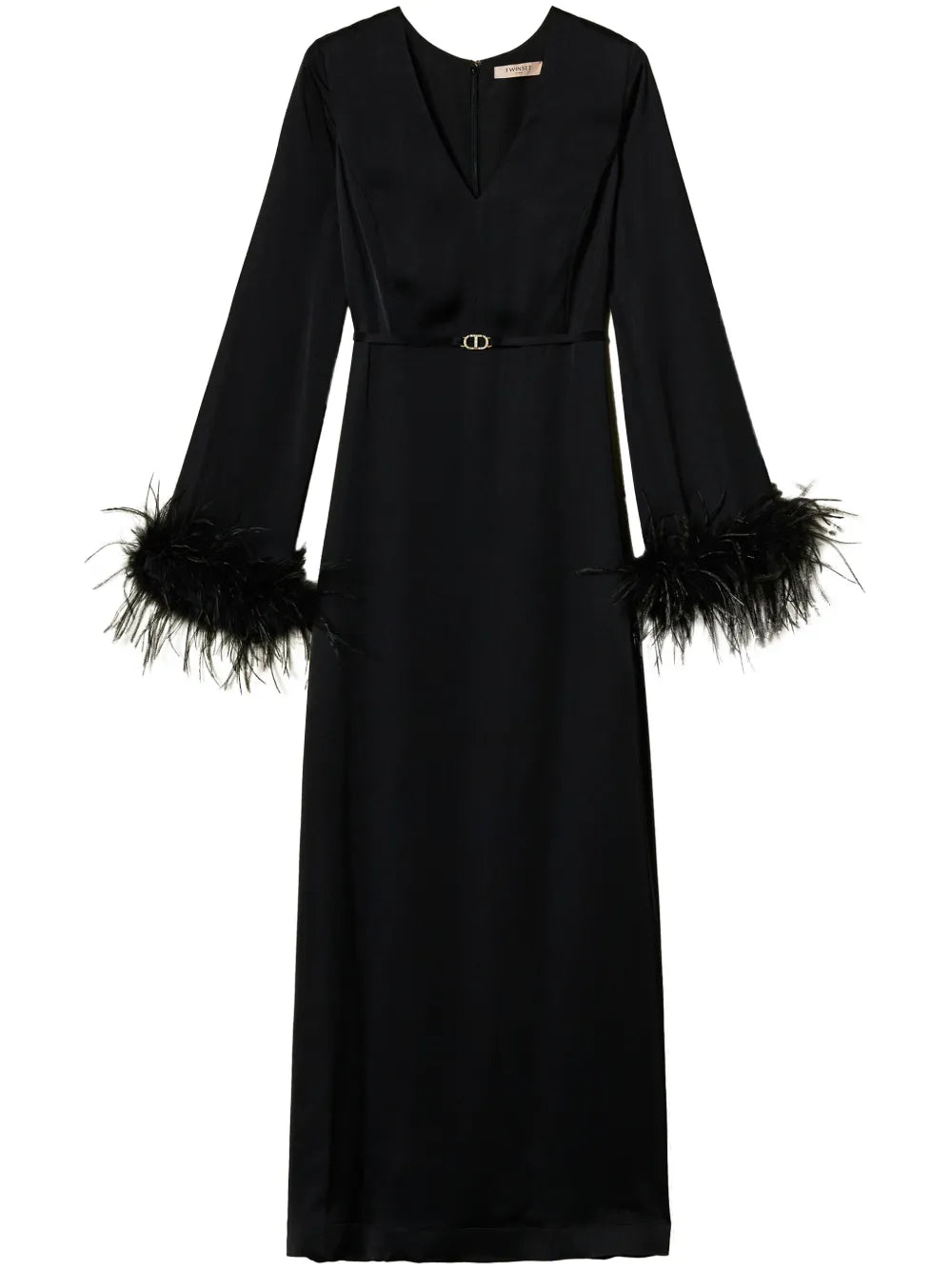 Feather-Detail Satin-Finish Maxi Dress