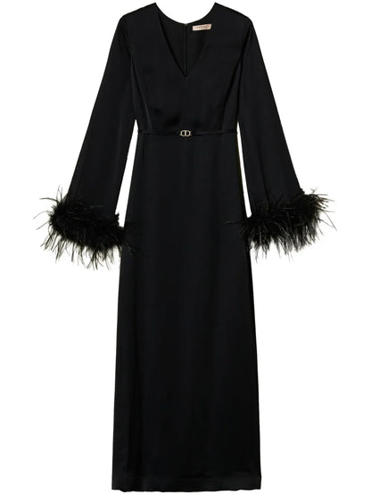 Feather-Detail Satin-Finish Maxi Dress