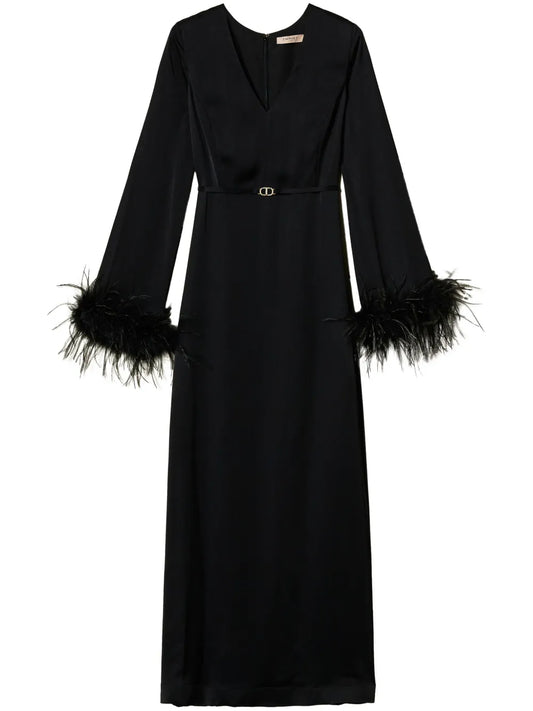 Feather-Detail Satin-Finish Maxi Dress