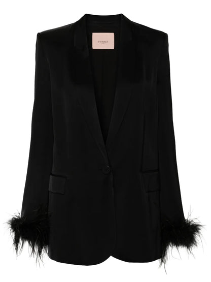 Feather-Trim Satin Blazer