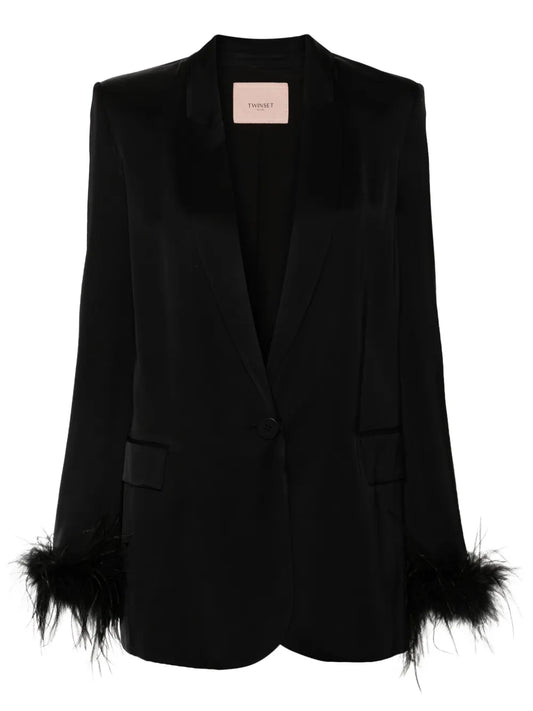 Feather-Trim Satin Blazer