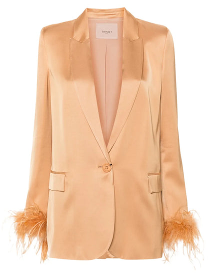 Feather-Trim Satin Blazer