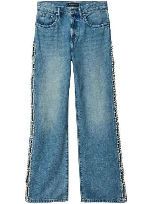 Pearl-Embellished Cut-Out Jeans