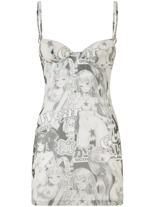 Hentai-Print Embrodered Mini Dress