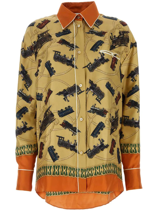 Graphic-Print Oversized Silk Shirt