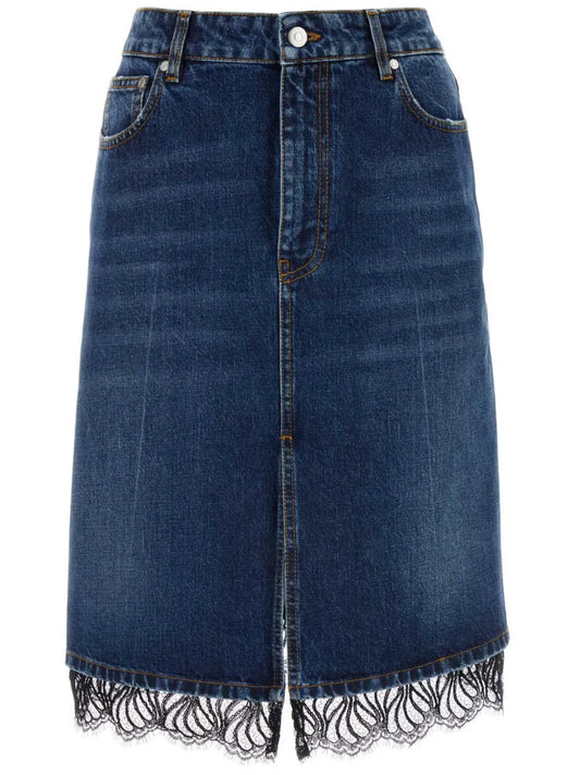 Lace-Trim Denim Skirt