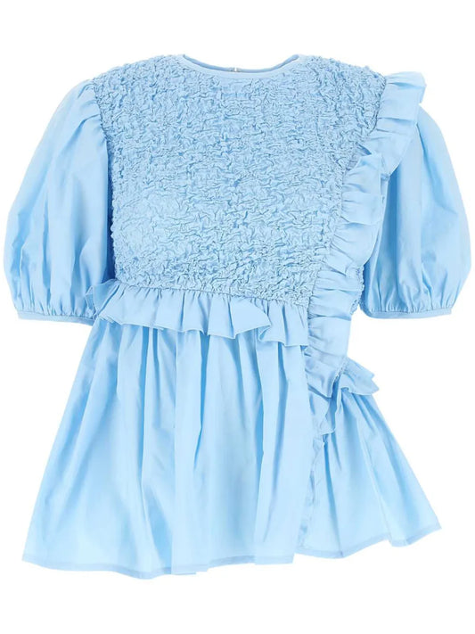 Ruched-Bodice Puff-Sleeve Blouse