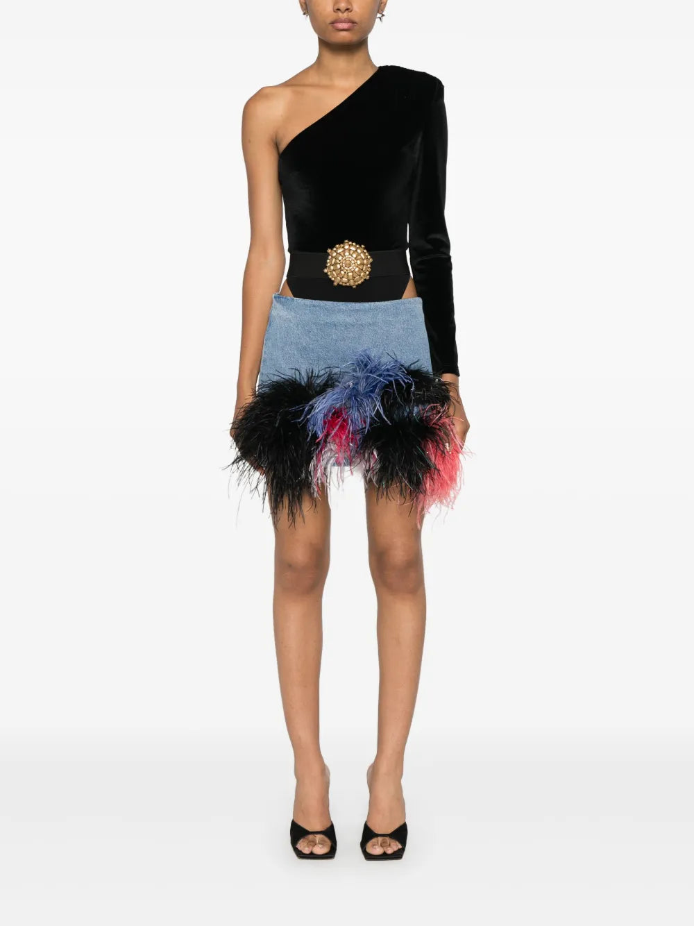 Feather-Trim Denim Mini Skirt
