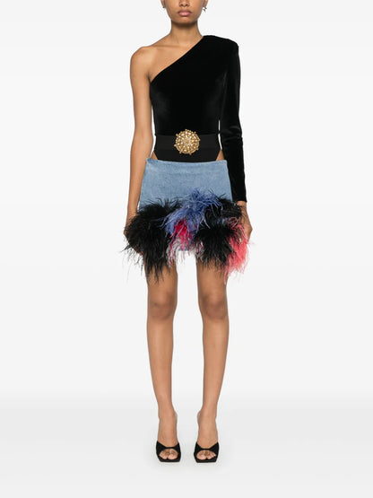 Feather-Trim Denim Mini Skirt