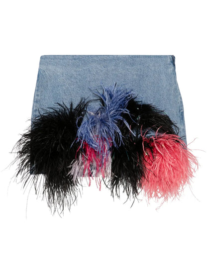Feather-Trim Denim Mini Skirt