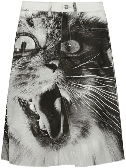 Cat-Print Denim Skirt