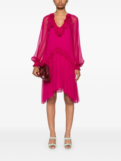 Floral-Appliqué Silk Midi Dress