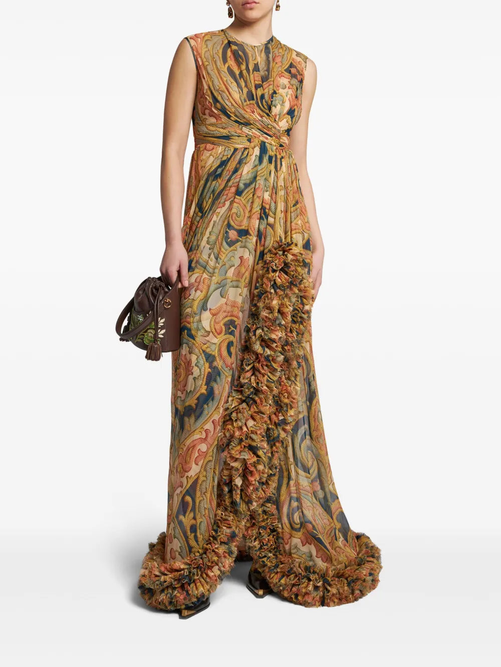 Ruched-Detailing Printed Silk Maxi Dress