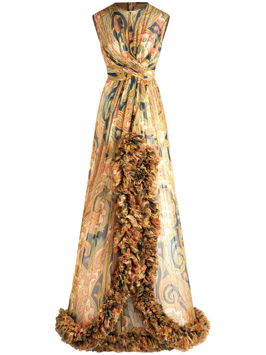 Ruched-Detailing Printed Silk Maxi Dress