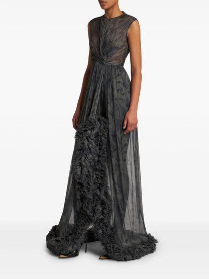 Ruched-Detail Printed Silk Dress