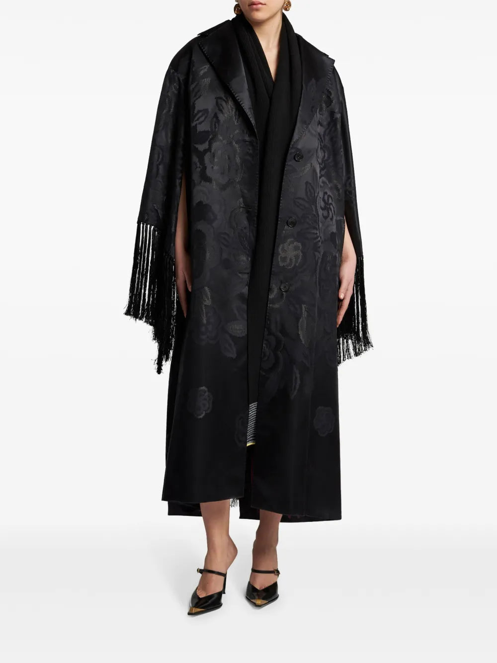 Fringe-Detail Jacquard Coat