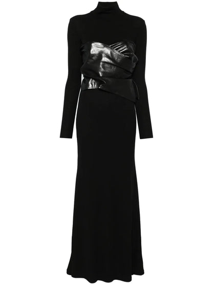 Draped-Panel Roll-Neck Maxi Dress