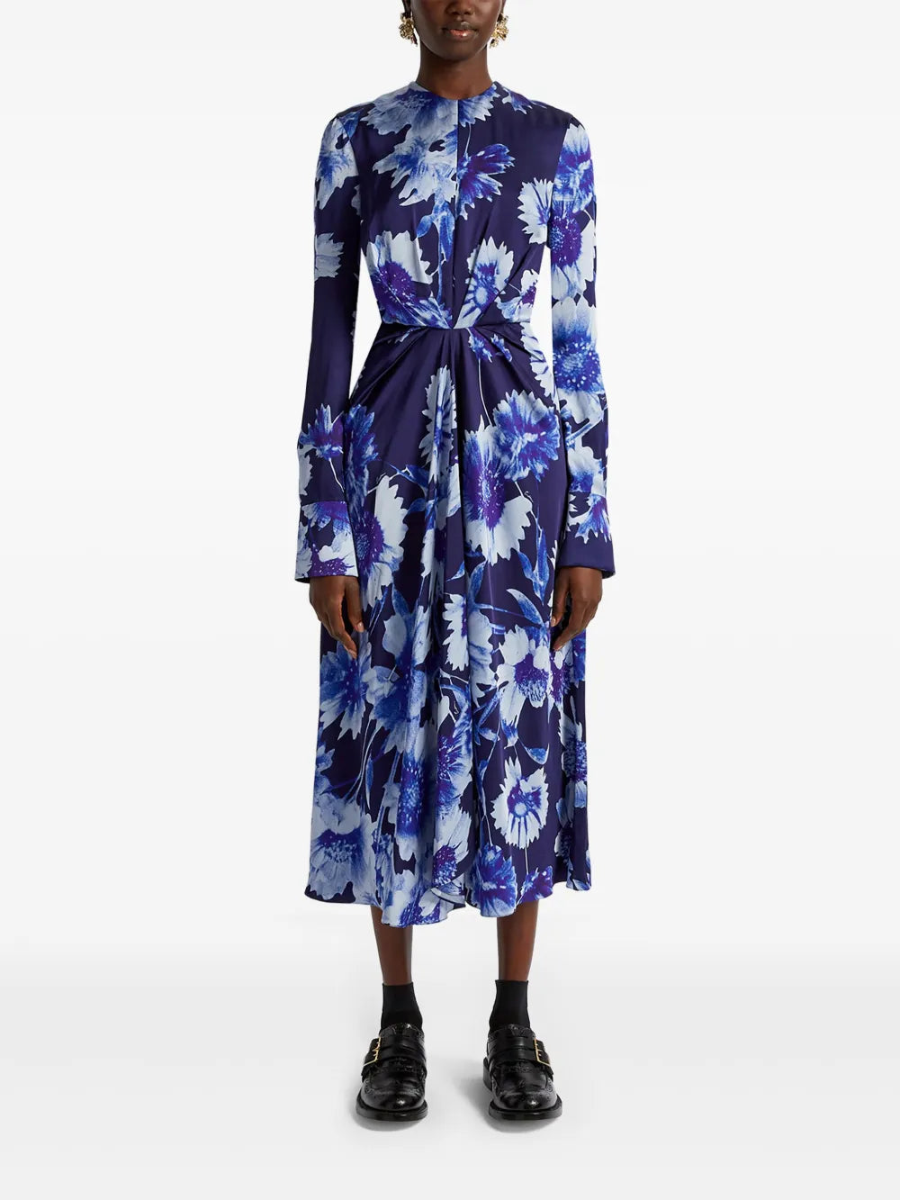 Draped Long-Sleeve Midi Dress