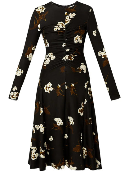 Long-Sleeve Draped Midi Dress