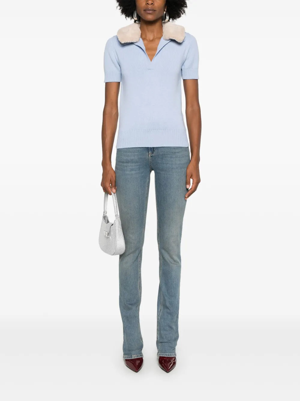 Faux-Fur Collar Polo Top