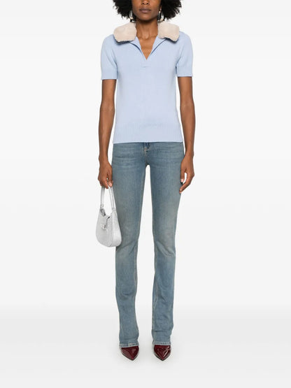 Faux-Fur Collar Polo Top