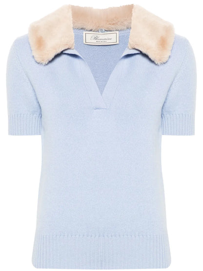 Faux-Fur Collar Polo Top