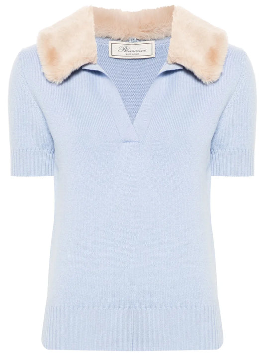 Faux-Fur Collar Polo Top