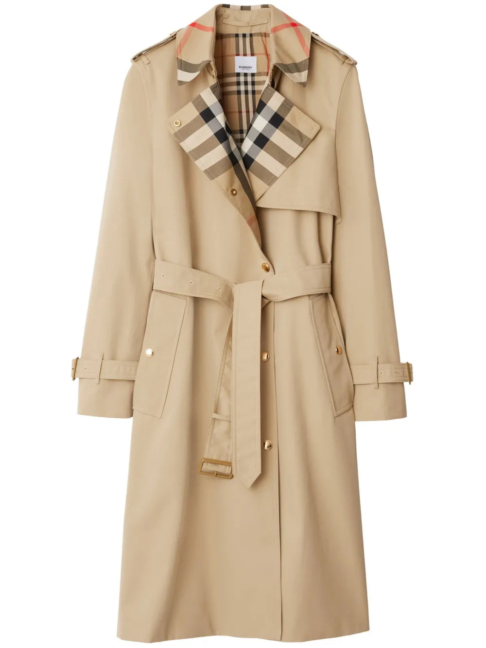 Plaid-Collar Gabardine Trench Coat