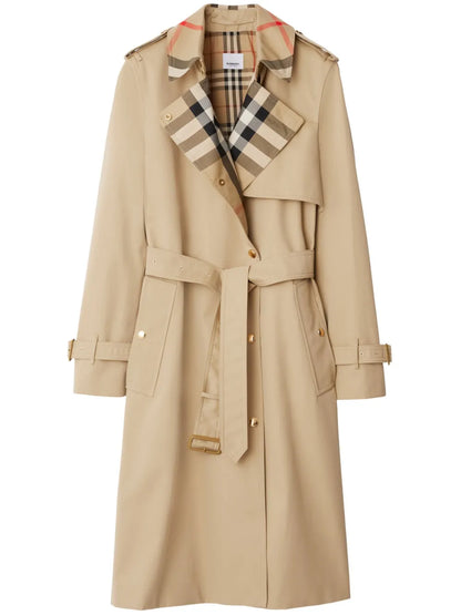 Plaid-Collar Gabardine Trench Coat